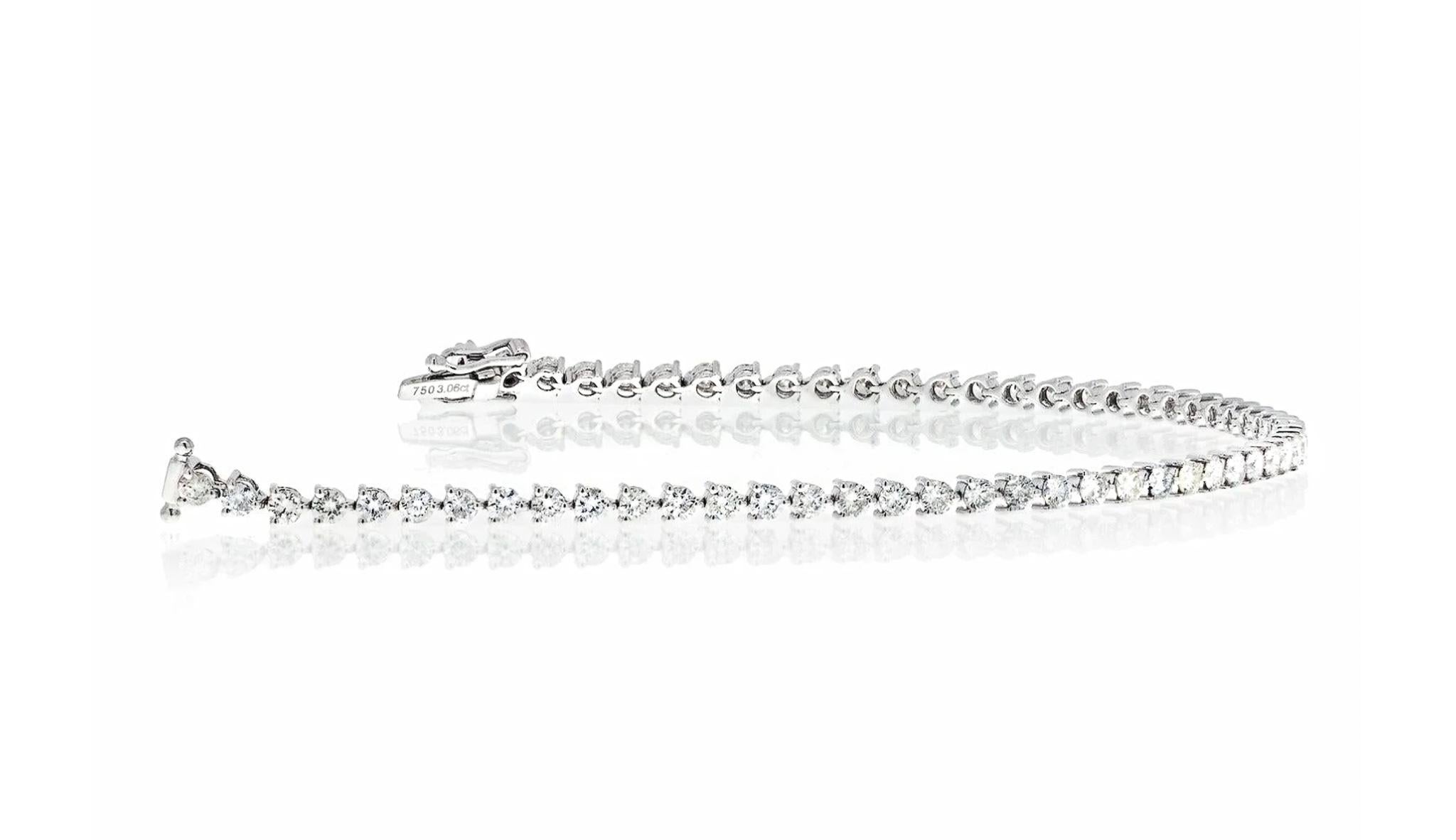 Bracelet de tennis en or blanc 18 carats, diamant naturel rond de 4 carats, 2,7 mm, 3 branches 7