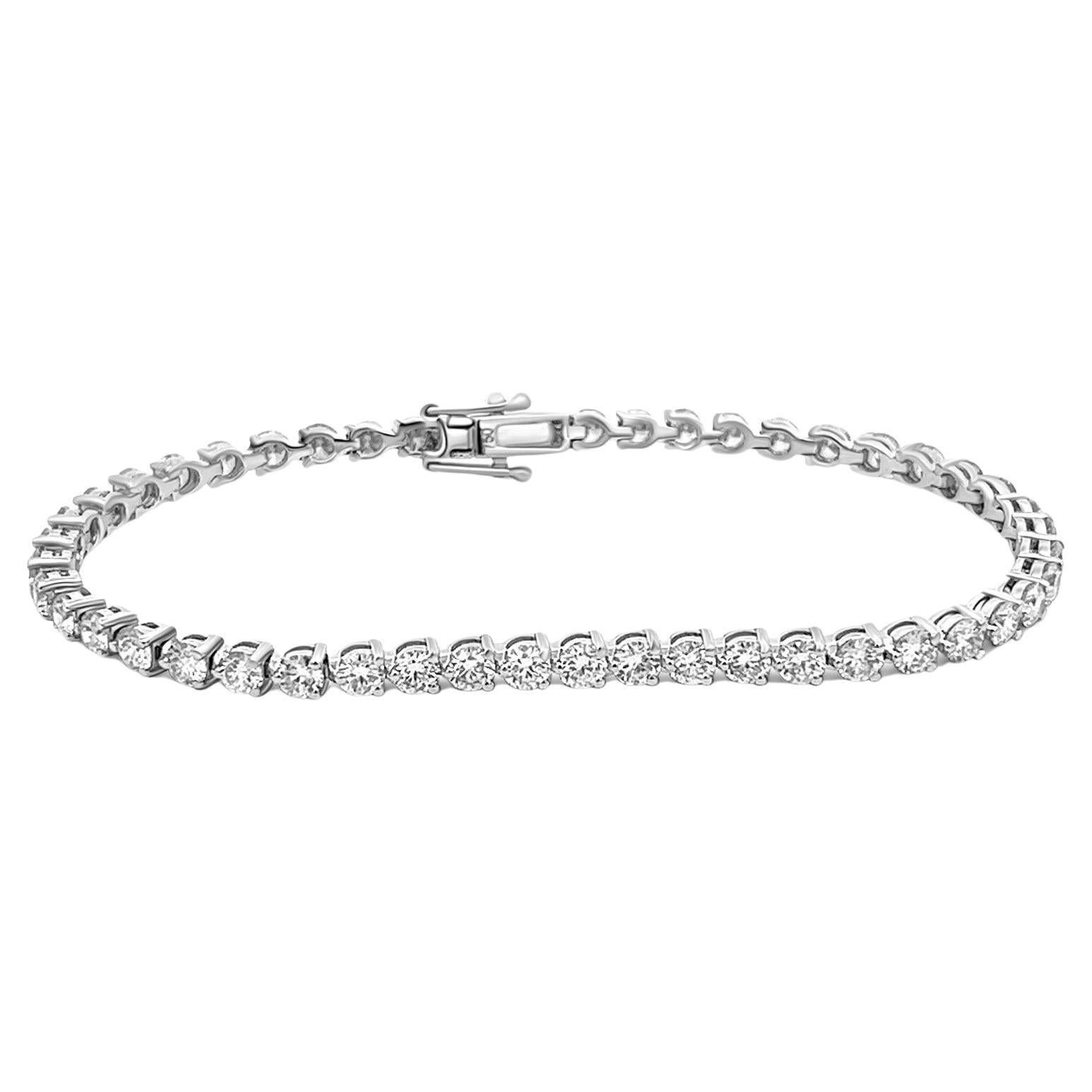 Bracelet de tennis en or blanc 18 carats, diamant naturel rond de 4 carats, 2,7 mm, 3 branches 7". en vente