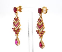 4 Carat Ruby and 3 Carat Diamond Art Deco Style 14K Earrings
