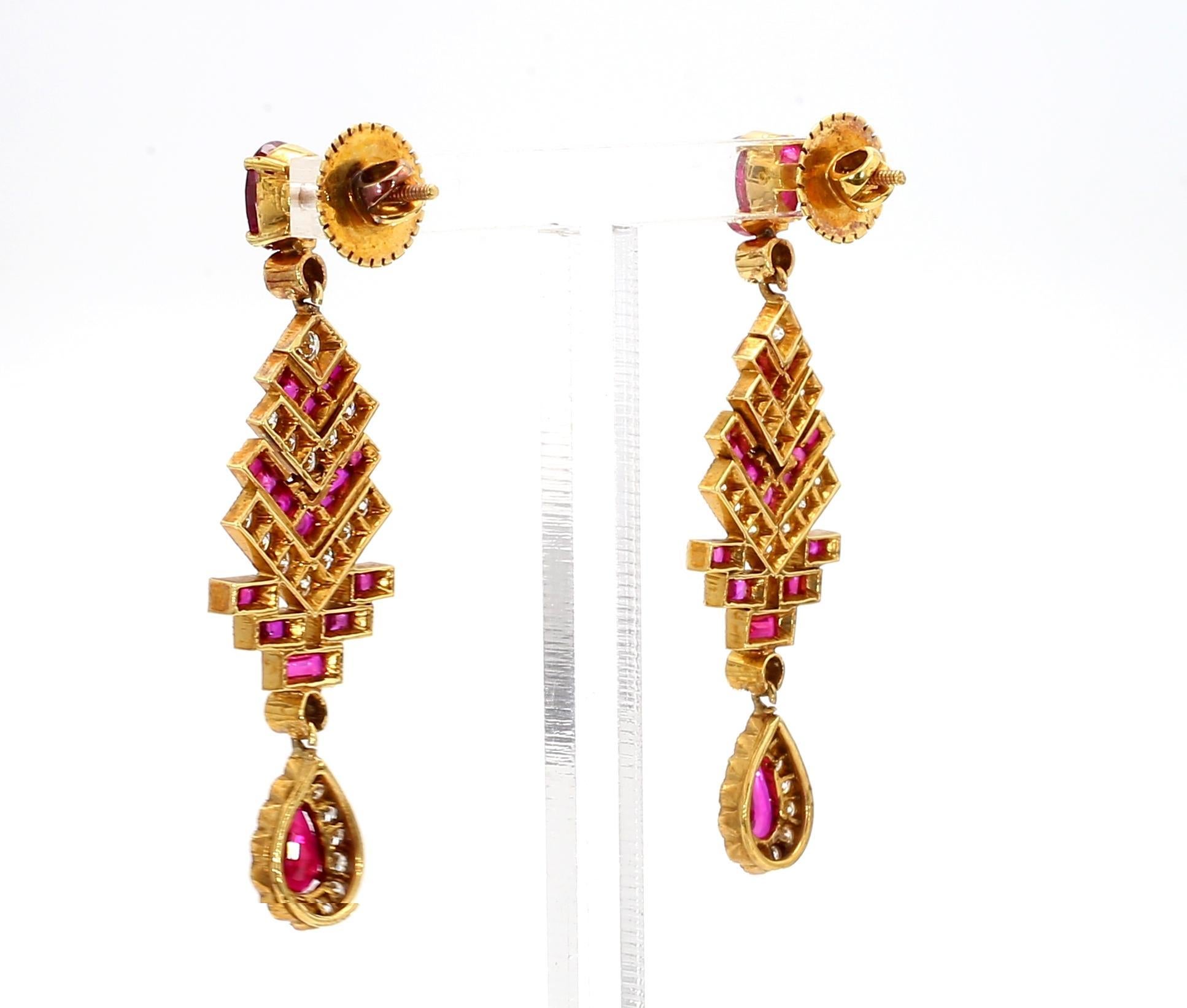 4 Carat Ruby and 3 Carat Diamond Art Deco Style 14K Earrings In Good Condition For Sale In New York, NY