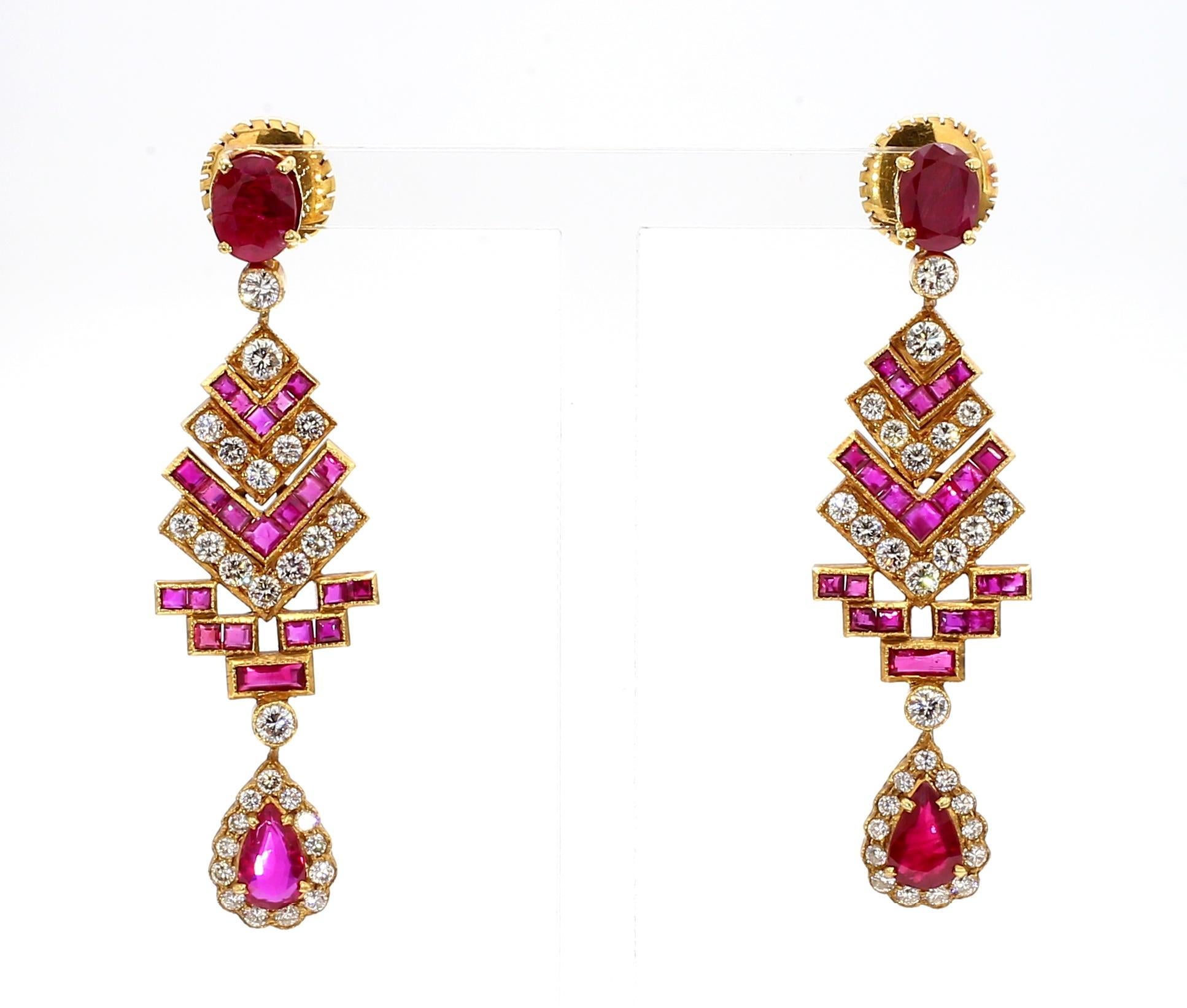 Orecchini con rubino da 4 carati e diamante da 3 carati in stile Art Deco 14K in vendita 1