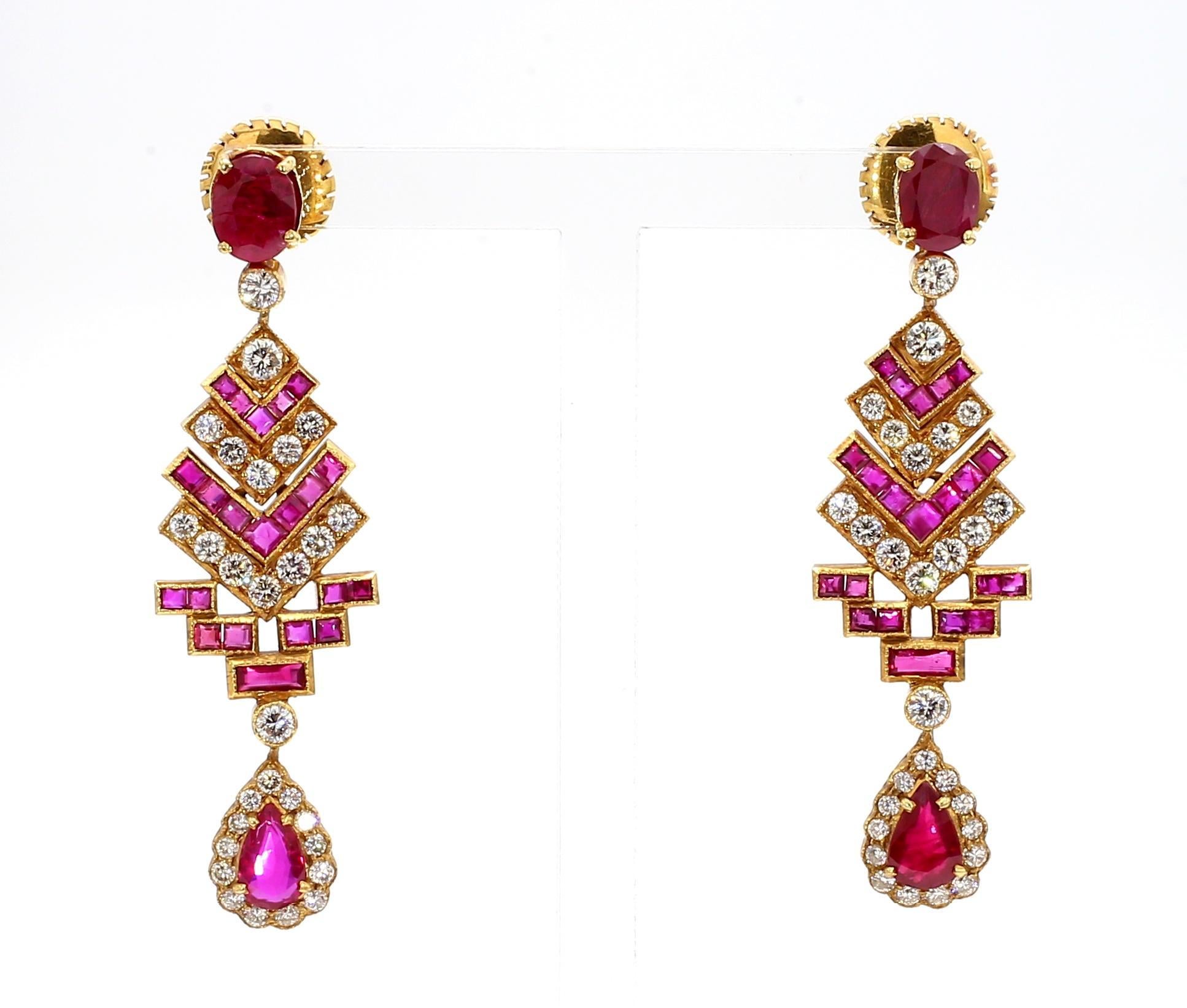 4 Carat Ruby and 3 Carat Diamond Art Deco Style 14K Earrings For Sale 4