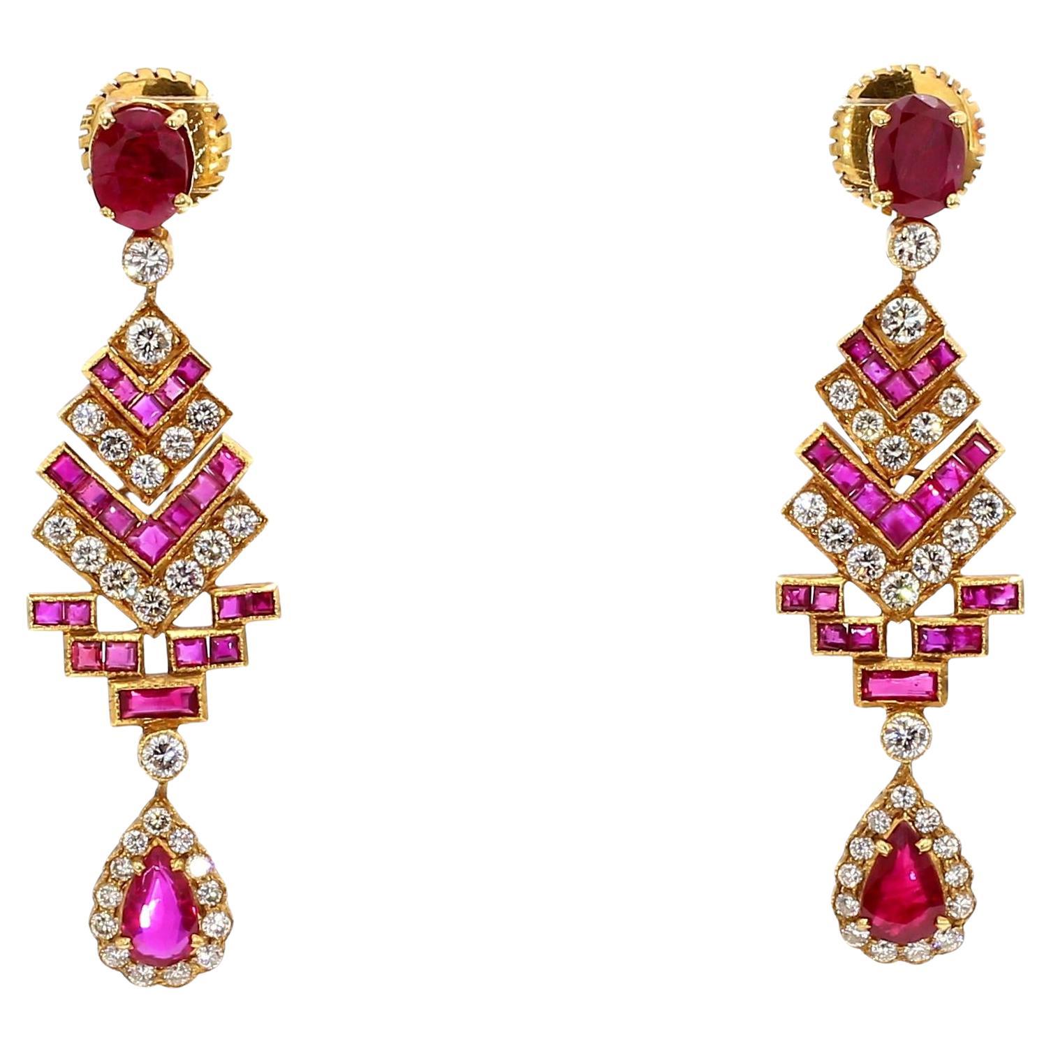 4 Carat Ruby and 3 Carat Diamond Art Deco Style 14K Earrings For Sale