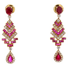 Boucles d'oreilles Art déco 14 carats avec rubis de 4 carats et diamants de 3 carats