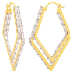 Natural 4 Carat Si/HI Diamond Kite Design Hoop Earrings 18k Yellow Gold Jewelry
