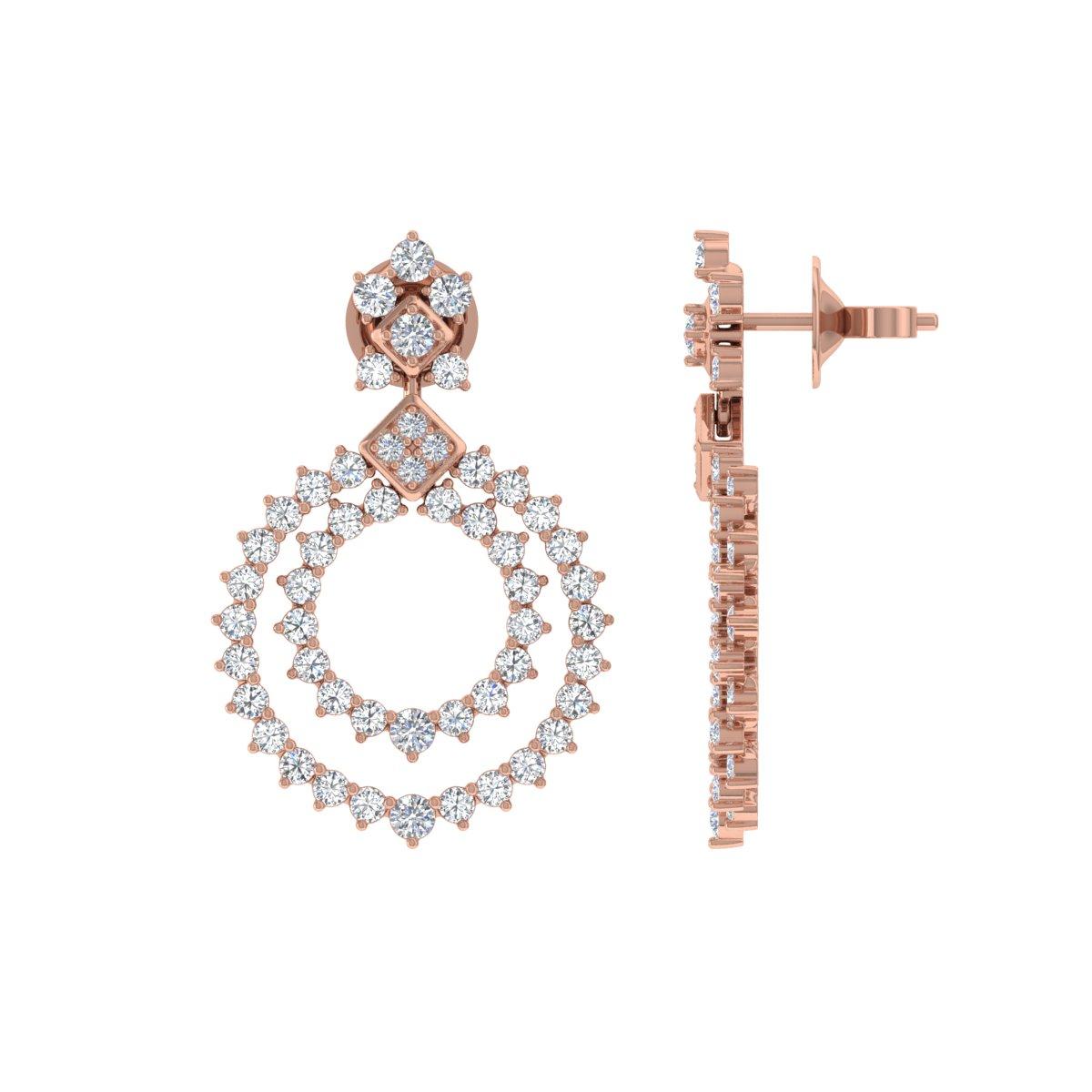 Round Cut 4 Carat SI/H Round Brilliant Cut Diamond Dangle Earrings 14 Karat Rose Gold For Sale