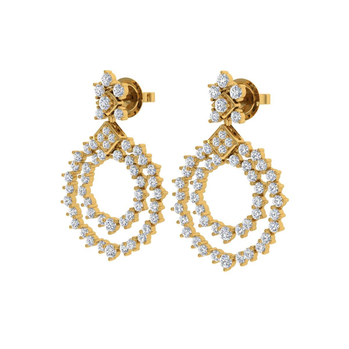 Round Cut 4 Carat SI/H Round Brilliant Cut Diamond Dangle Earrings 14 Karat Yellow Gold For Sale