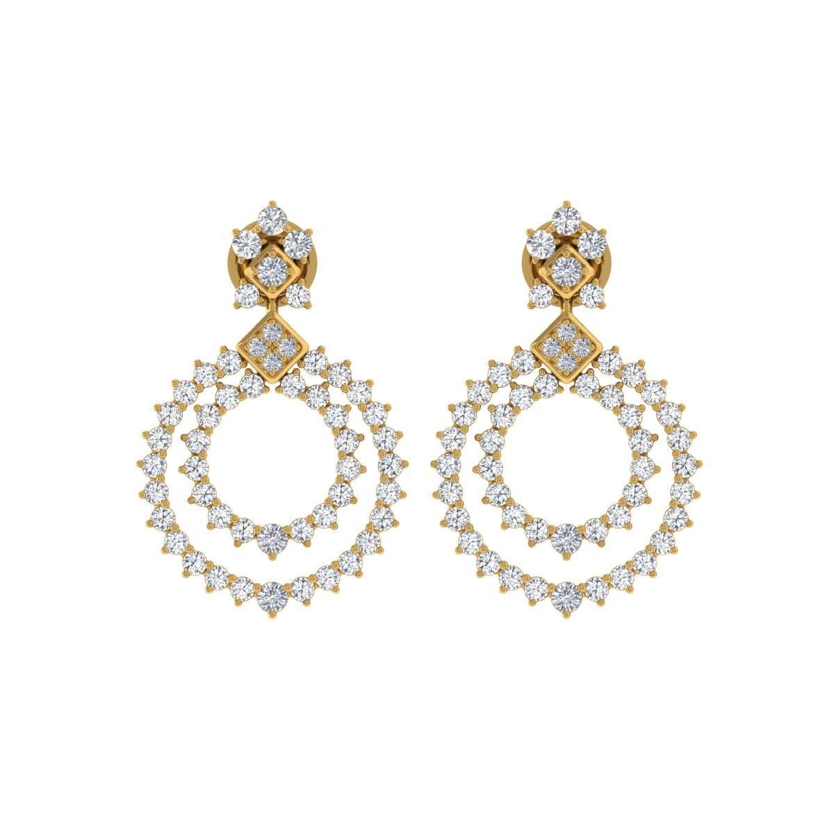 Modern 4 Carat SI/H Round Brilliant Cut Diamond Dangle Earrings 18 Karat Yellow Gold For Sale