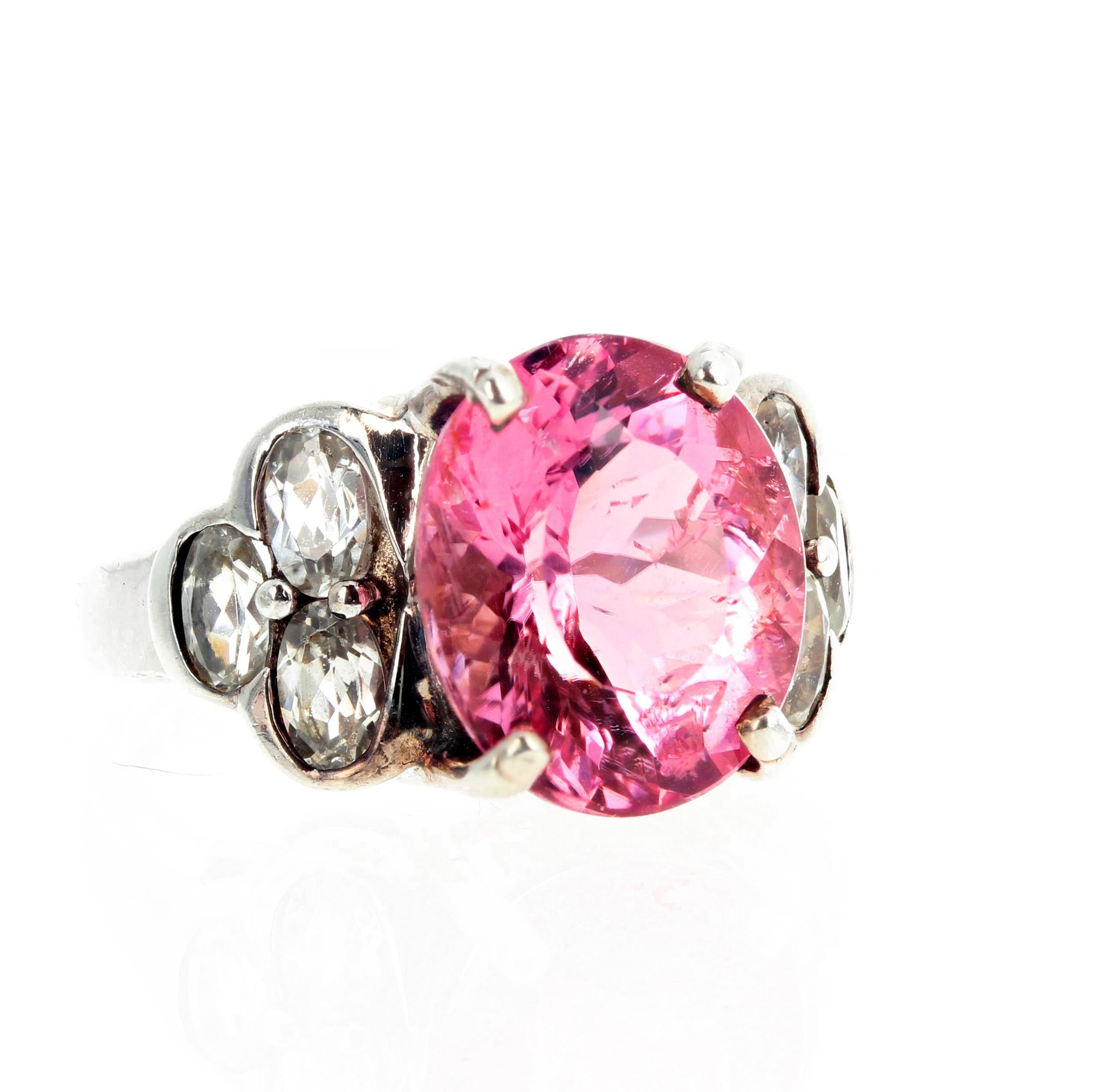 Mixed Cut AJD Beautiful 4 Cts Sparkling Pink Tourmaline & Silver Quartz Silver Ring For Sale