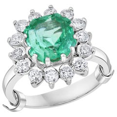 4 Carat Square Cut Russian Emerald & 1.5 Carat Diamond Ring 18 Karat White Gold
