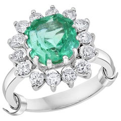 Antique 4 Carat Square Cut Russian Emerald & 1.5 Carat Diamond Ring 18 Karat White Gold