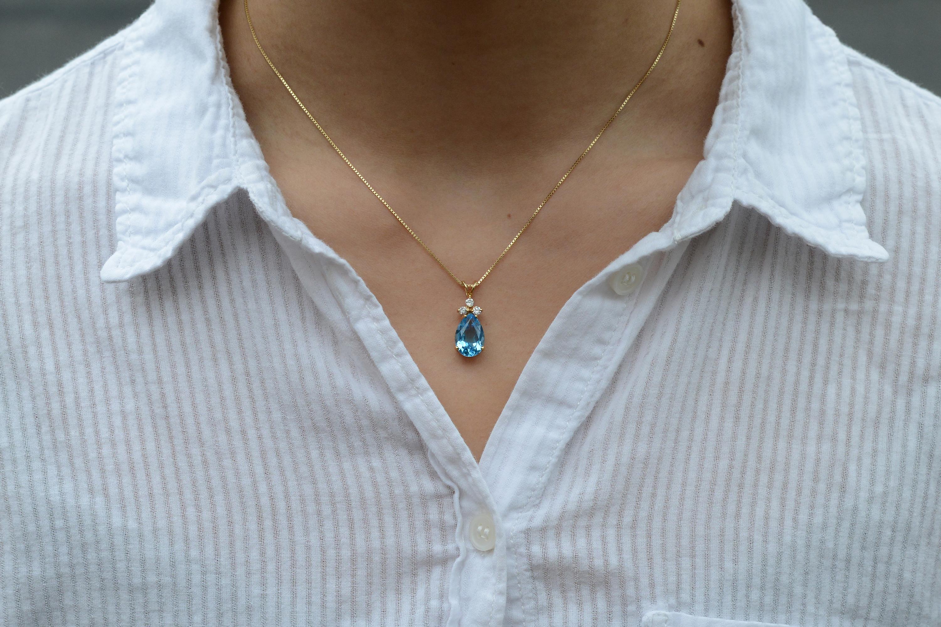 An affordable vintage luxury, this elegant estate necklace features an exquisite 4-carat blue topaz cut in a classic teardrop shape. The dainty chain and sparkling accent diamonds add perfect addition to your ensemble. You'll love the sought-after