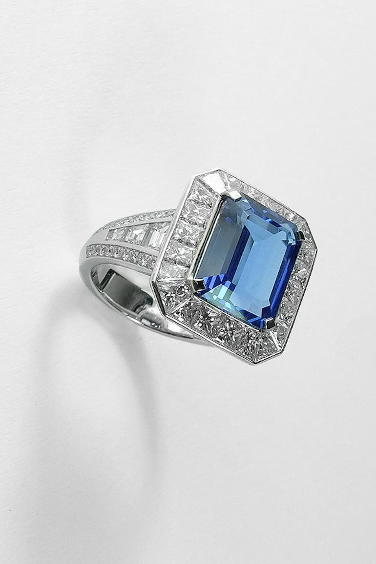 18K White Gold : 6.63 Grams  
3.99 Carat Tanzanite
2.84 Carat Diamonds ( Clarity: VS1 / Color: F )
Ring Size: Size 6.5 (can be sized)

All De Falbert Jewelry is new and has never been previously owned or worn. 
Each item will arrive at your door