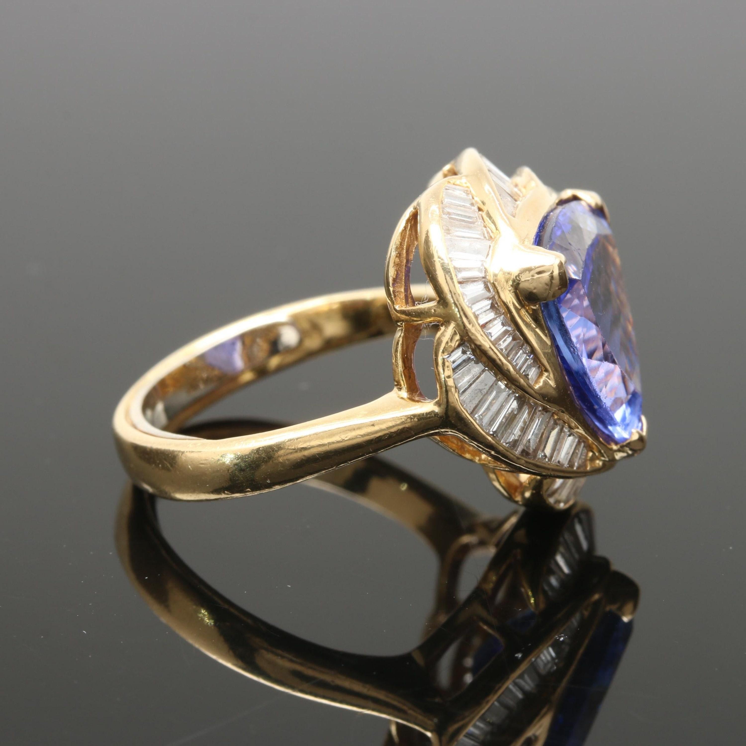 For Sale:  4 Carat Tanzanite Engagement Ring, Yellow Gold Tanzanite Diamond Cocktail Ring 3
