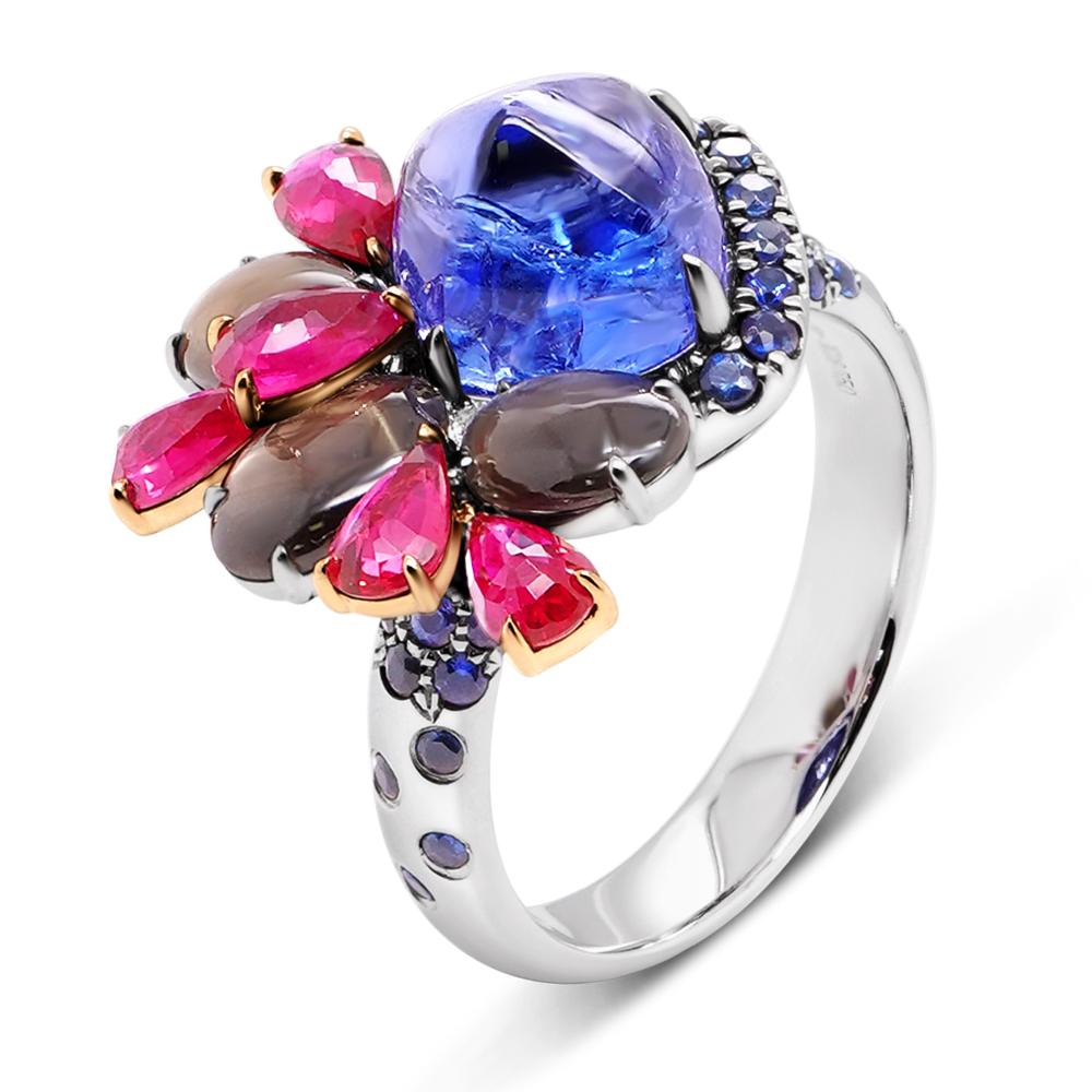 4 Carat Tanzanite Sugar Loaf Ruby Sapphire Colorful 18K Ring In New Condition For Sale In Hung Hom, HK