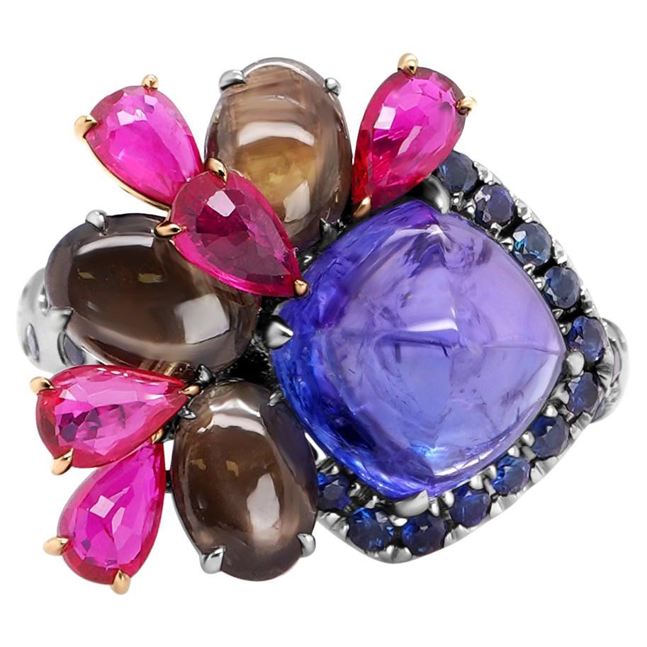 4 Carat Tanzanite Sugar Loaf Ruby Sapphire Colorful 18K Ring For Sale