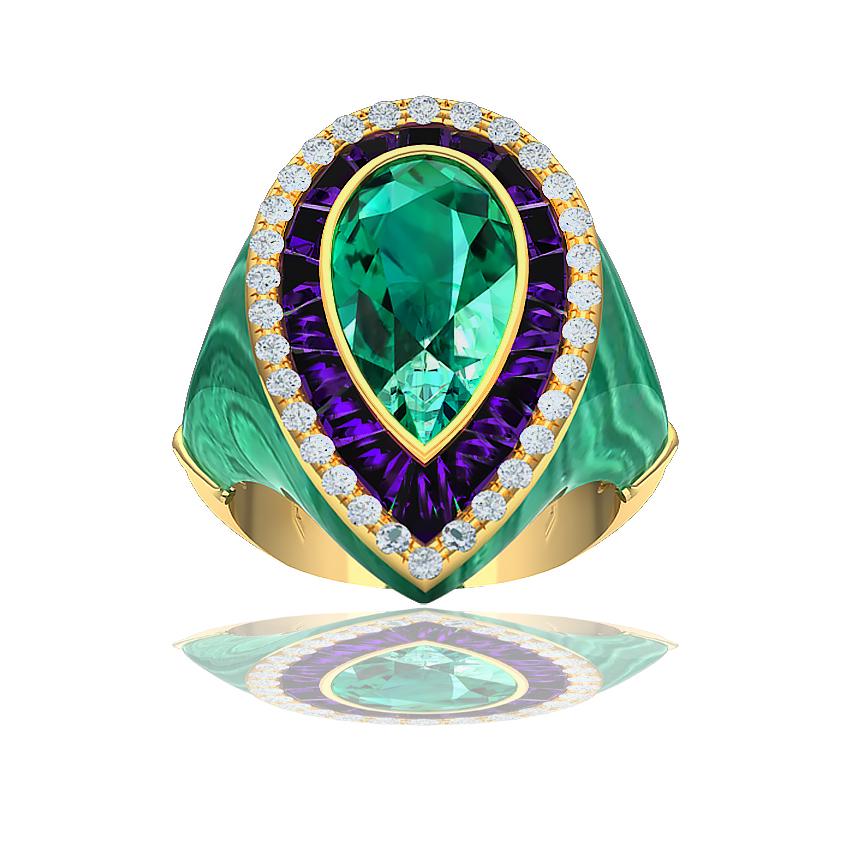 A stunning ensemble of green Tourmaline and Malachite paired with the rich grape purple amethyst and complimented by the stunning white diamond set in 18k yellow gold.  The center of this ring is a pear shape green tourmaline bezel set and