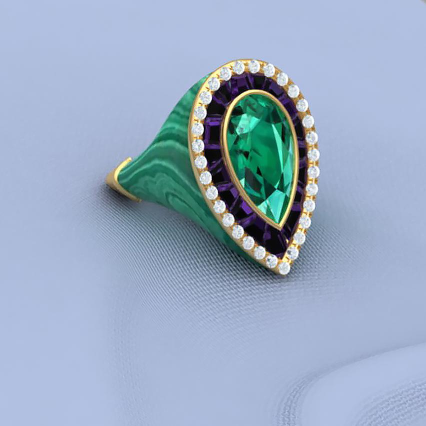 4 Carat Tourmaline Amethyst Diamond Malachite Cocktail Ring In Excellent Condition For Sale In Aliso Viejo, CA