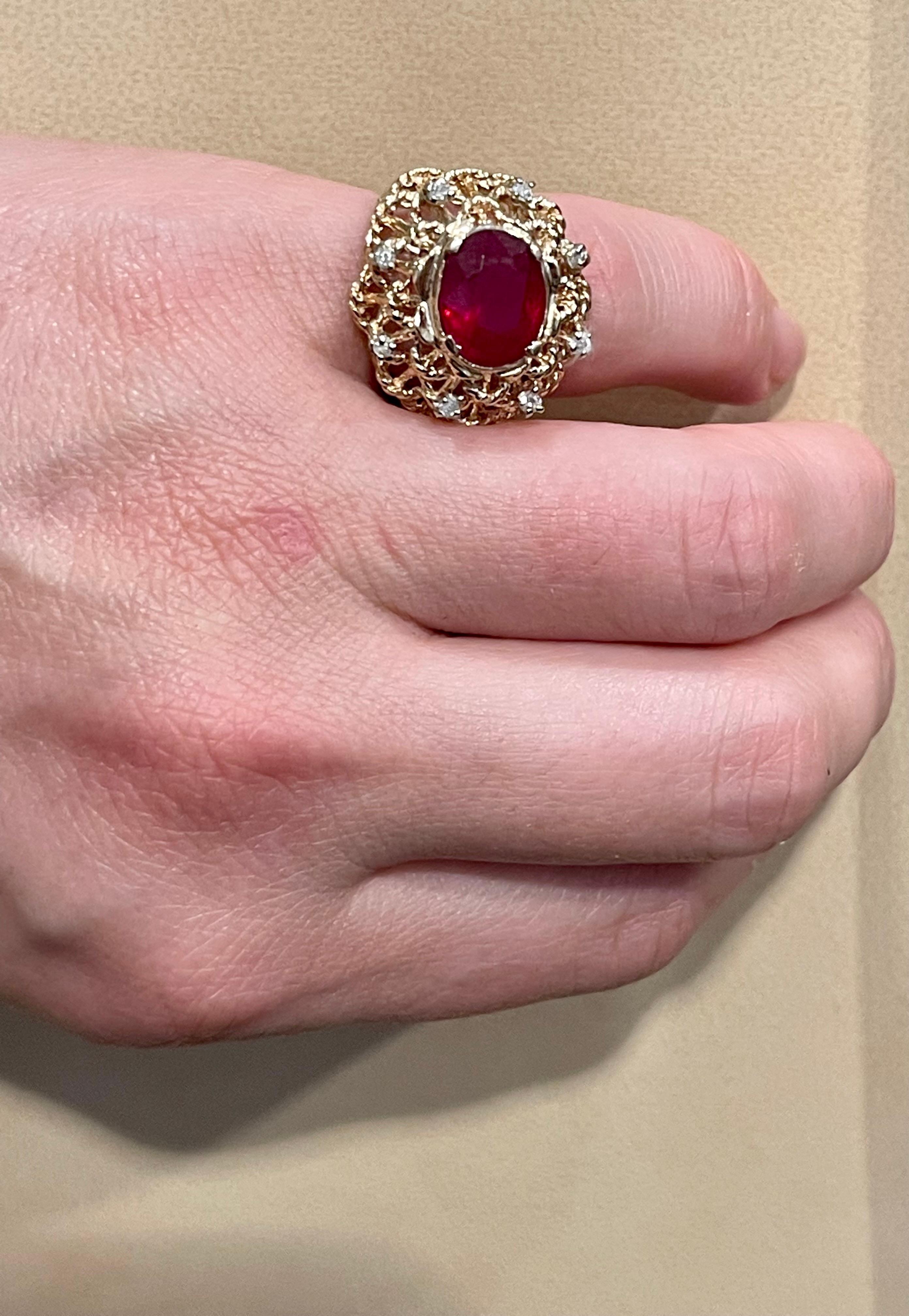 4 Carat Treated Ruby and Diamond 14 Karat Yellow Gold Cocktail Ring For Sale 4