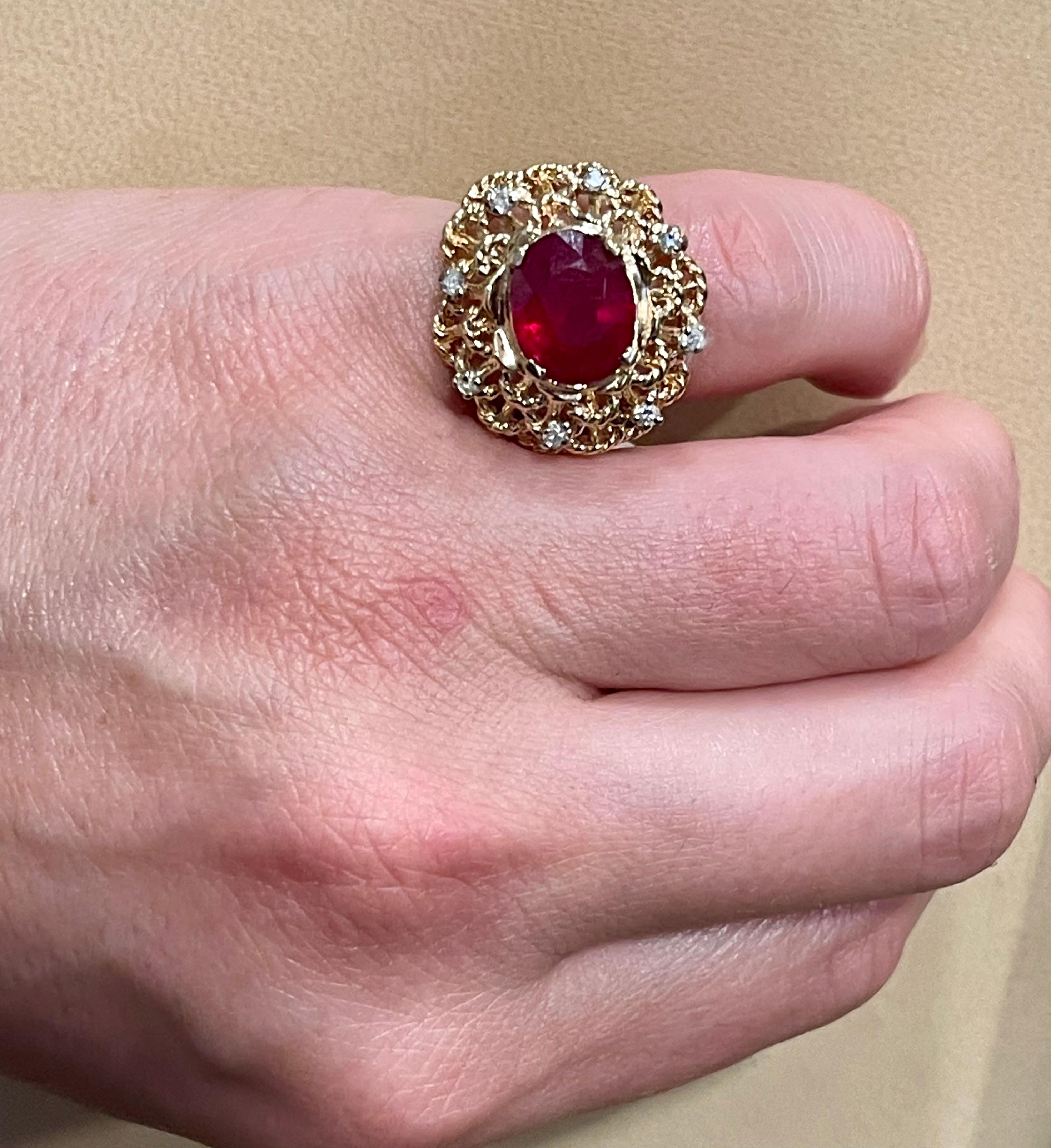 4 Carat Treated Ruby and Diamond 14 Karat Yellow Gold Cocktail Ring For Sale 9