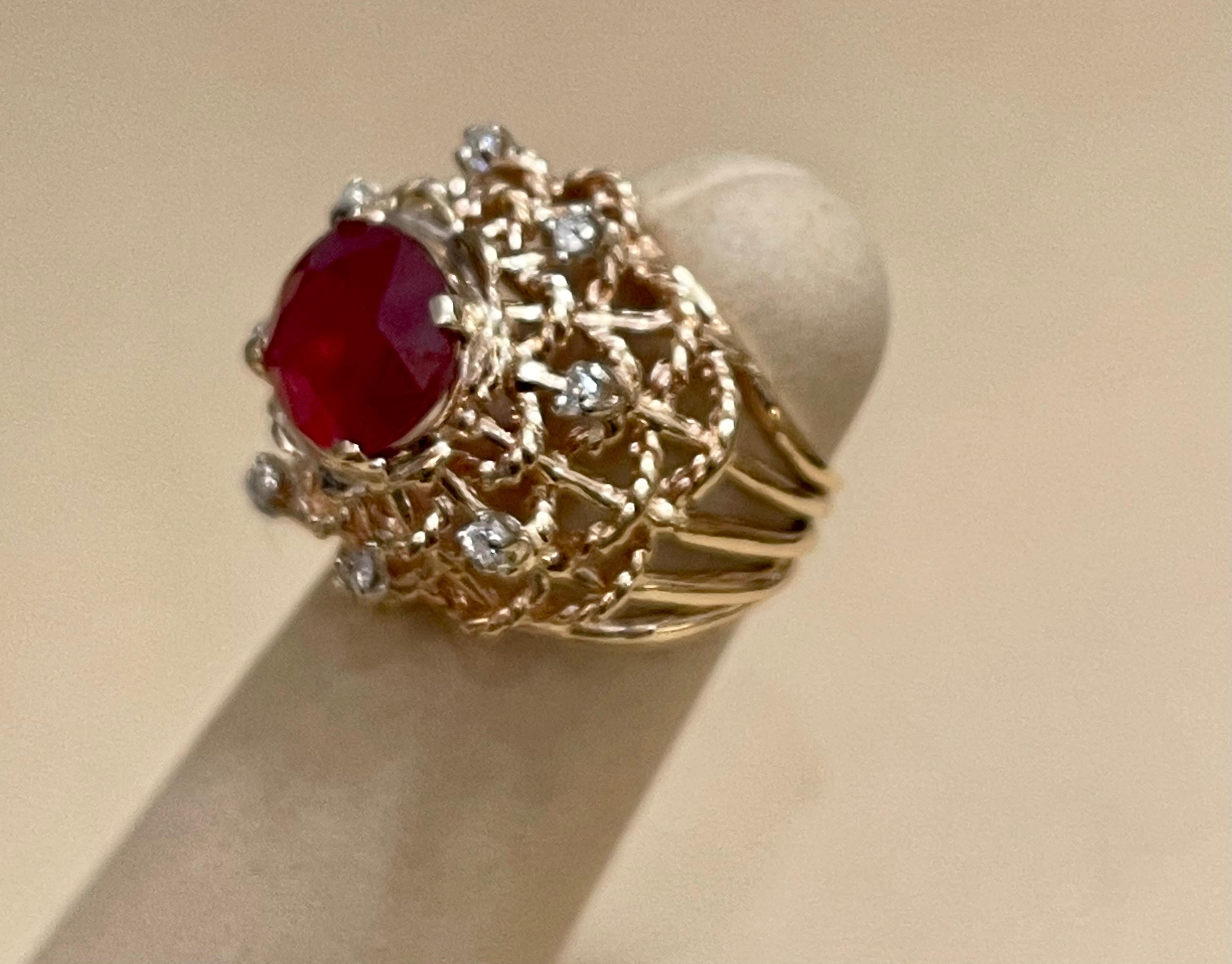 Oval Cut 4 Carat Treated Ruby and Diamond 14 Karat Yellow Gold Cocktail Ring For Sale