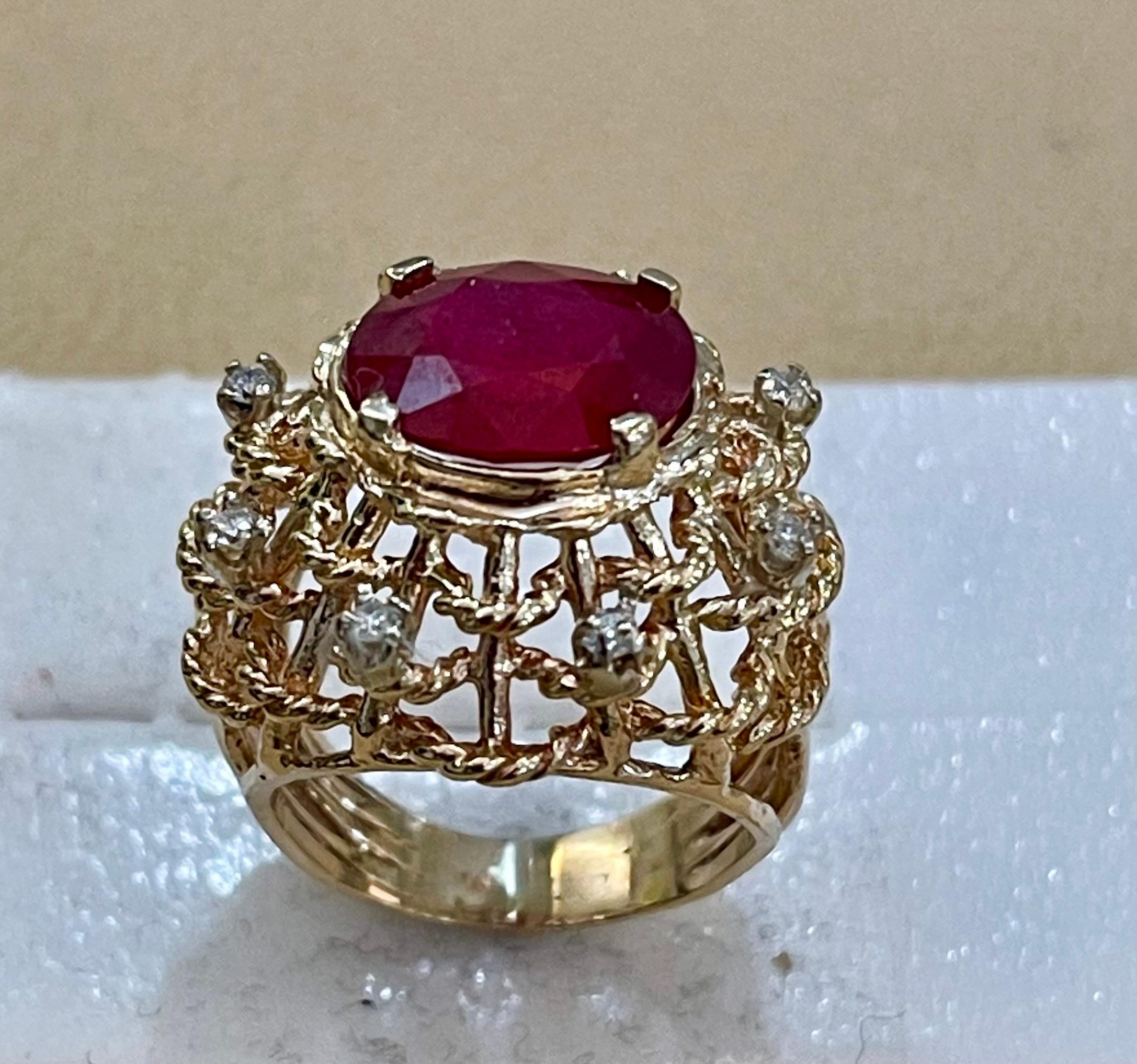 Women's 4 Carat Treated Ruby and Diamond 14 Karat Yellow Gold Cocktail Ring For Sale