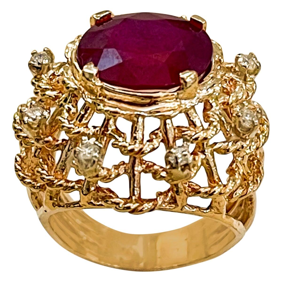 4 Carat Treated Ruby and Diamond 14 Karat Yellow Gold Cocktail Ring