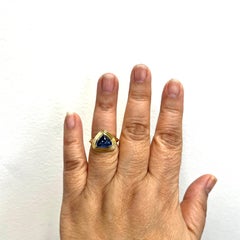 4 Carat Triangular Blue Sapphire Cabochon Bezel Ring in 18K Yellow Gold