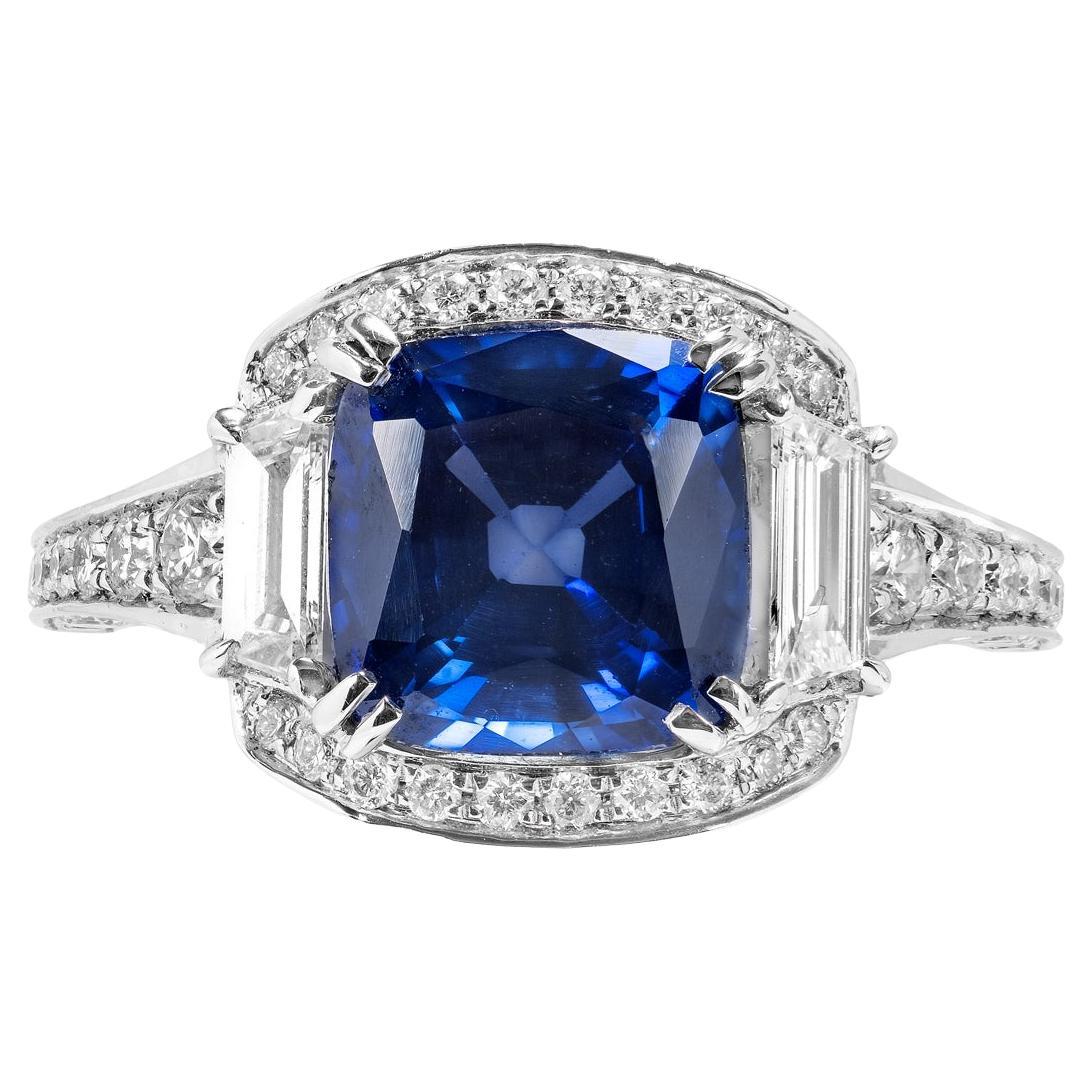4 Carat Vintage Inspired with Step Cut Blue Sapphire Ring Certified For Sale