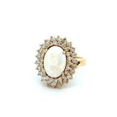 4 Carat White Opal RBC Diamond Gold Double Halo Vintage Cocktail Ring