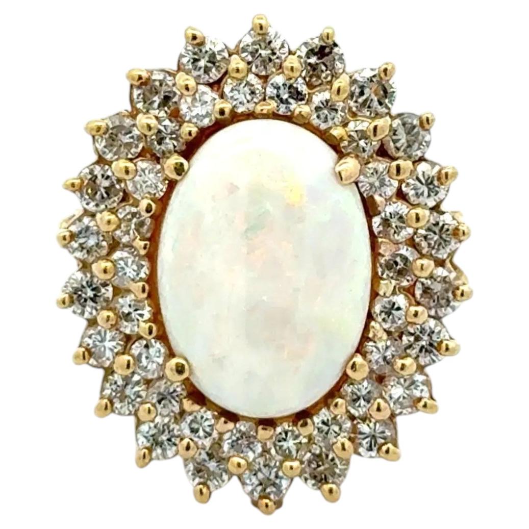 4 Carat White Opal RBC Diamond Gold Double Halo Vintage Cocktail Ring For Sale