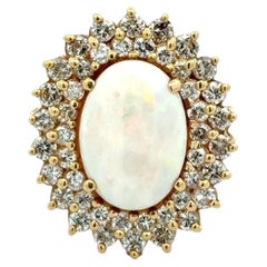 4 Carat White Opal RBC Diamond Gold Double Halo Vintage Cocktail Ring