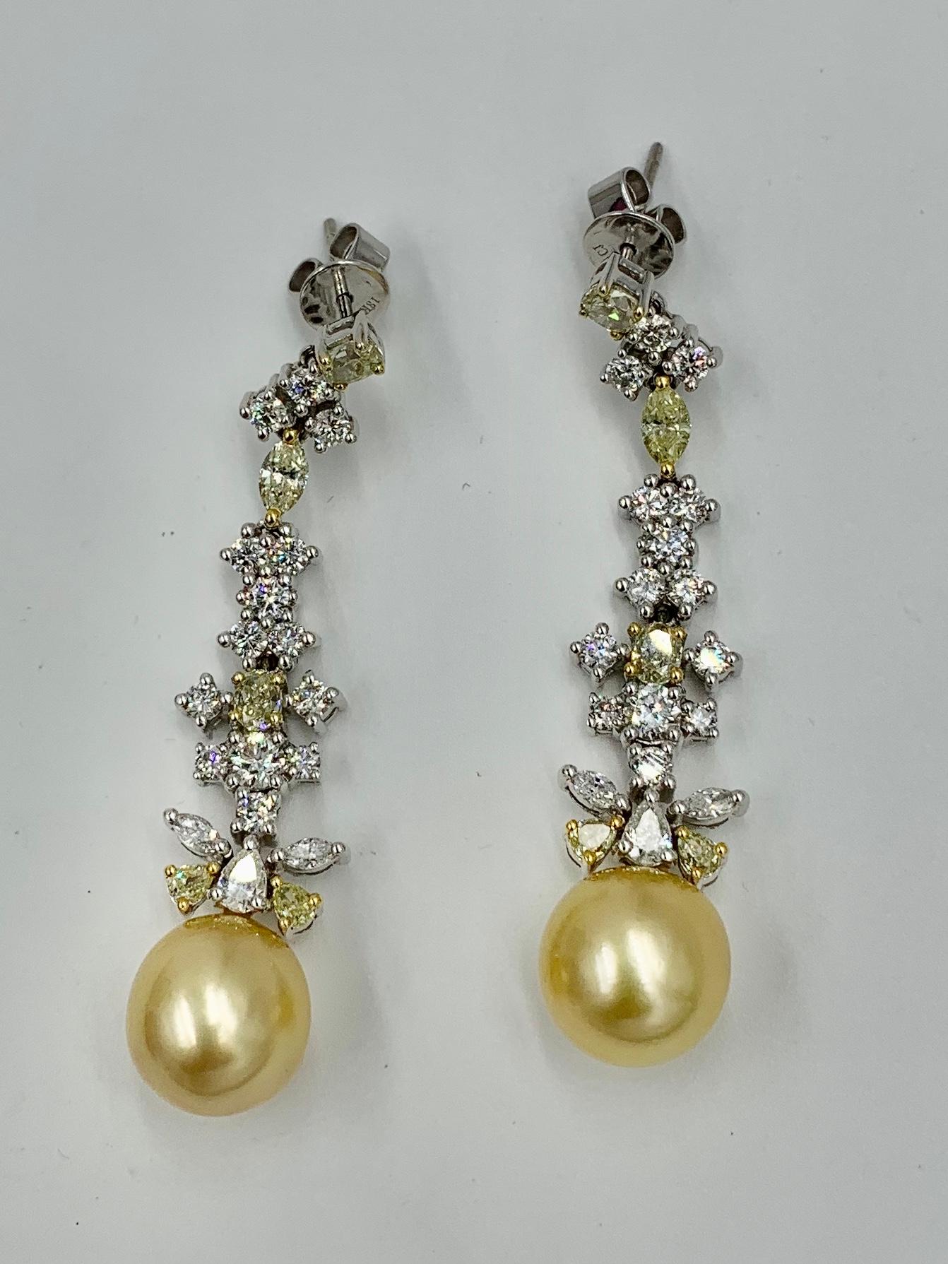 4 Carat Yellow Diamond Earrings Golden South Sea Pearl Dangle 18 Karat Gold 2