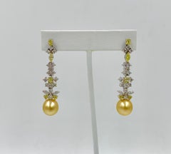 4 Carat Yellow Diamond Earrings Golden South Sea Pearl Dangle 18 Karat Gold 2"