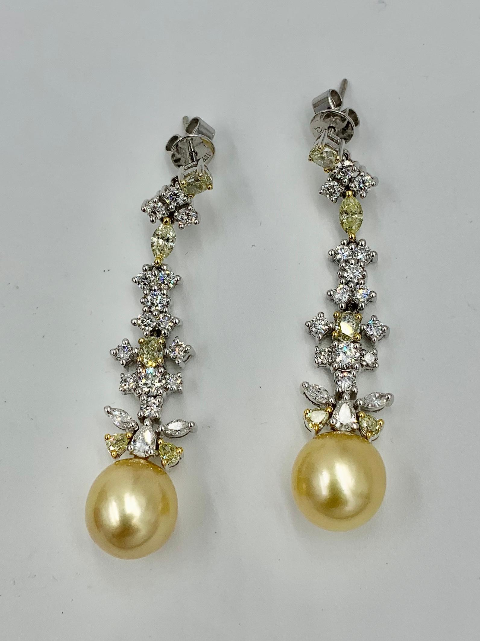 Pear Cut 4 Carat Yellow Diamond Earrings Golden South Sea Pearl Dangle 18 Karat Gold 2
