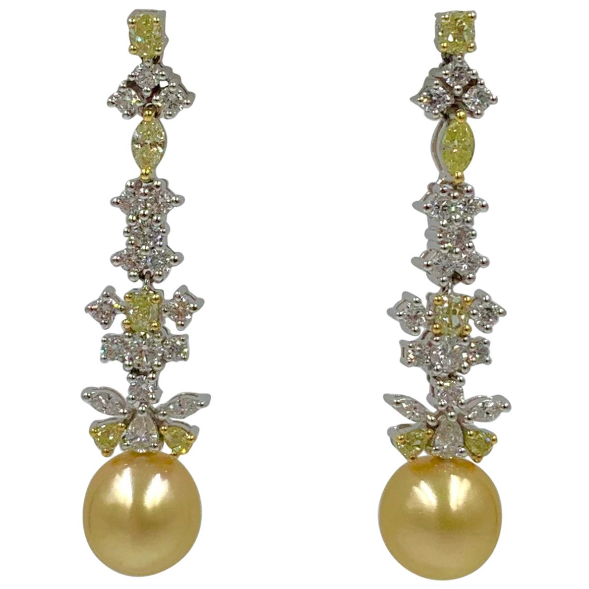 4 Carat Yellow Diamond Golden South Sea Pearl Dangle Earrings 18 Karat