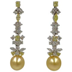 4 Karat Gelbe Diamant Ohrringe Goldene Südsee Perle baumeln 18 Karat Gold 2""