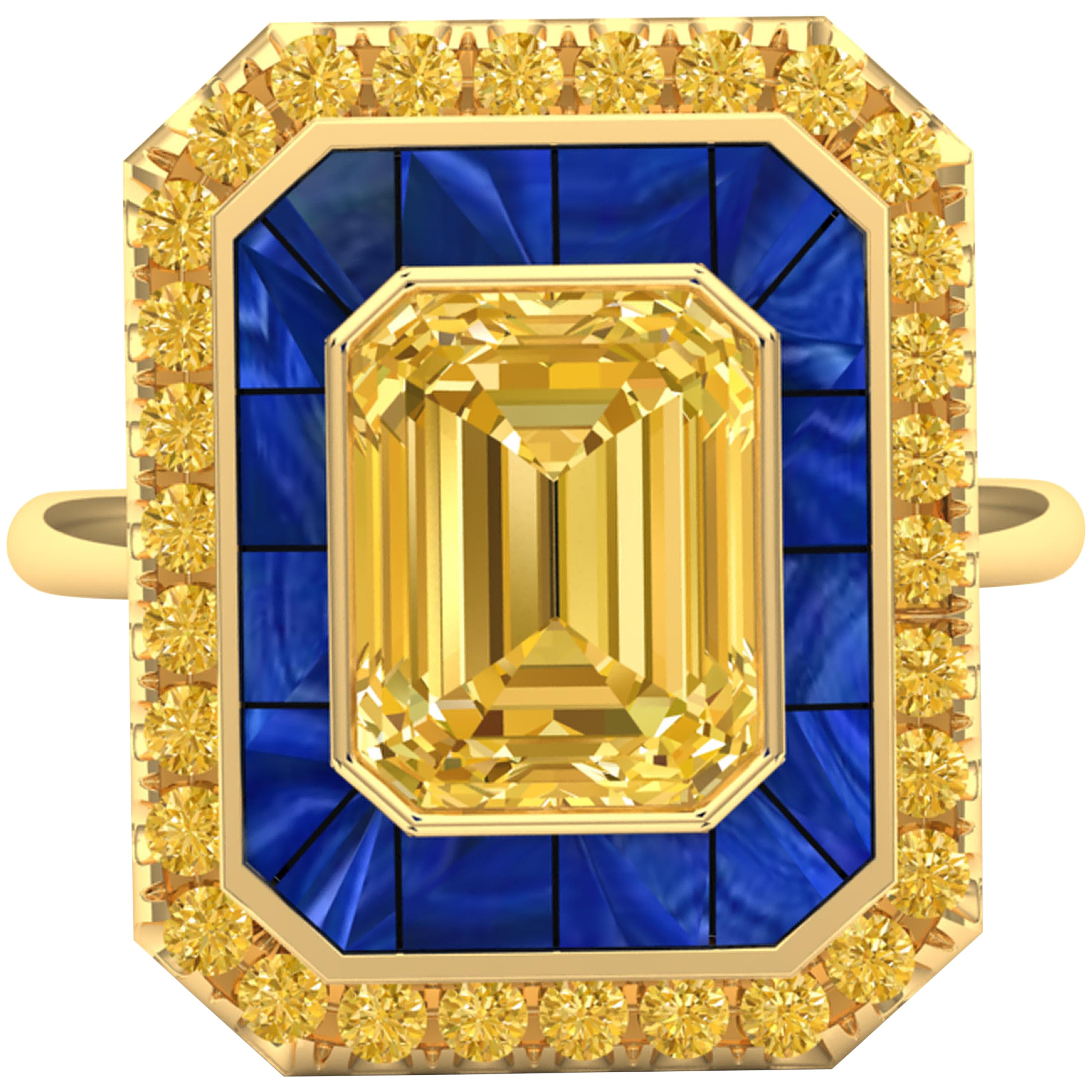 4 Carat Yellow Sapphire, Yellow Diamond and Royal Blue Azzurite Cocktail Ring For Sale