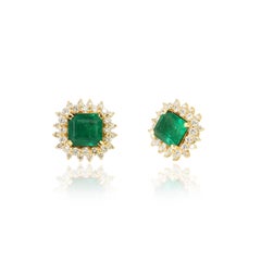 4ct Natural Green Zambian Emerald & Diamond Halo Stud Earrings in 18K YellowGold