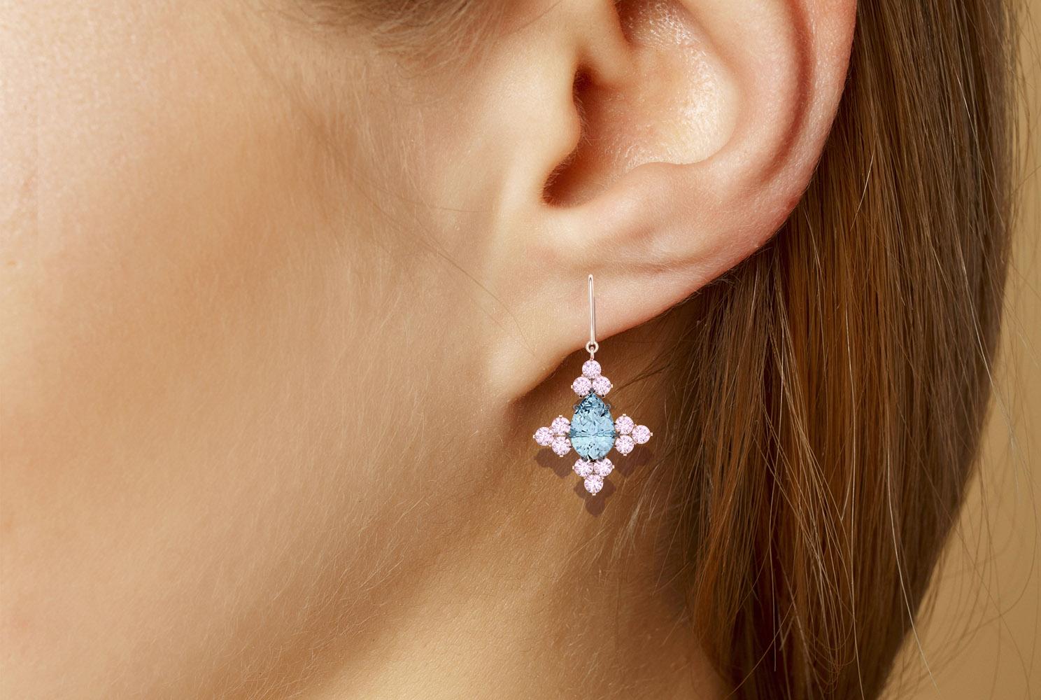 A simple pair of earrings are sometimes the best pair to wear daily and dress up for the night out.  These earrings have 2.5 carats of pear shape blue aquamarines.  These steel blue aquamarines are set in a grey silver head making the contrast