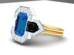 4 Carat Blue Topaz Onyx and Diamond Platinum Cocktail Ring