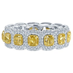4 Carats Cushion Cut Yellow Diamond Eternity Wedding Band 14K White Gold