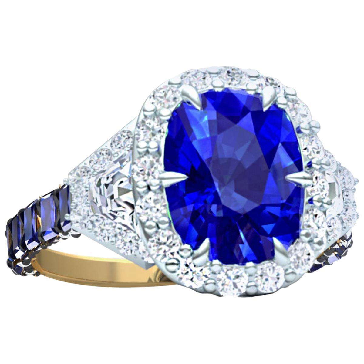 4 Carat Cushion GIA Unheated Untreated Sapphire and Diamond Cocktail Ring For Sale