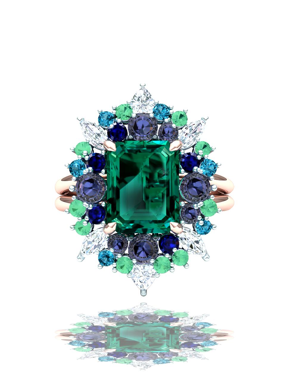 A garden of colors and light, this ring has a 2.2 carat Green Blue Tourmaline Emerald Cut set in its center.  The center stone is accented by .50 carats of white round brilliant, trillion cut and Marquise cut diamonds which have a color and clarity