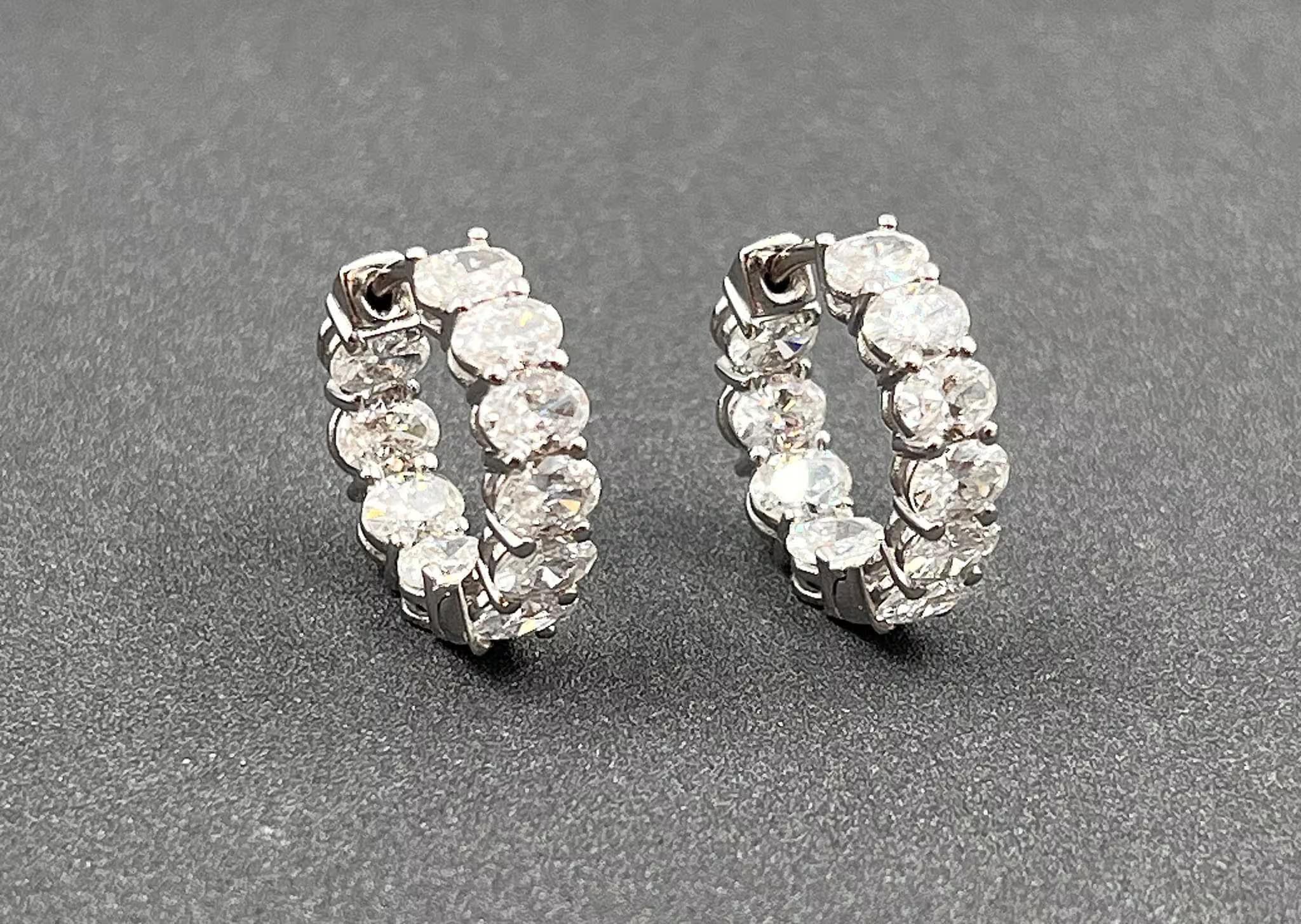 Contemporary 4 Carats Natural Diamond Oval East West Huggies/ Hoops In 14k Gold. For Sale