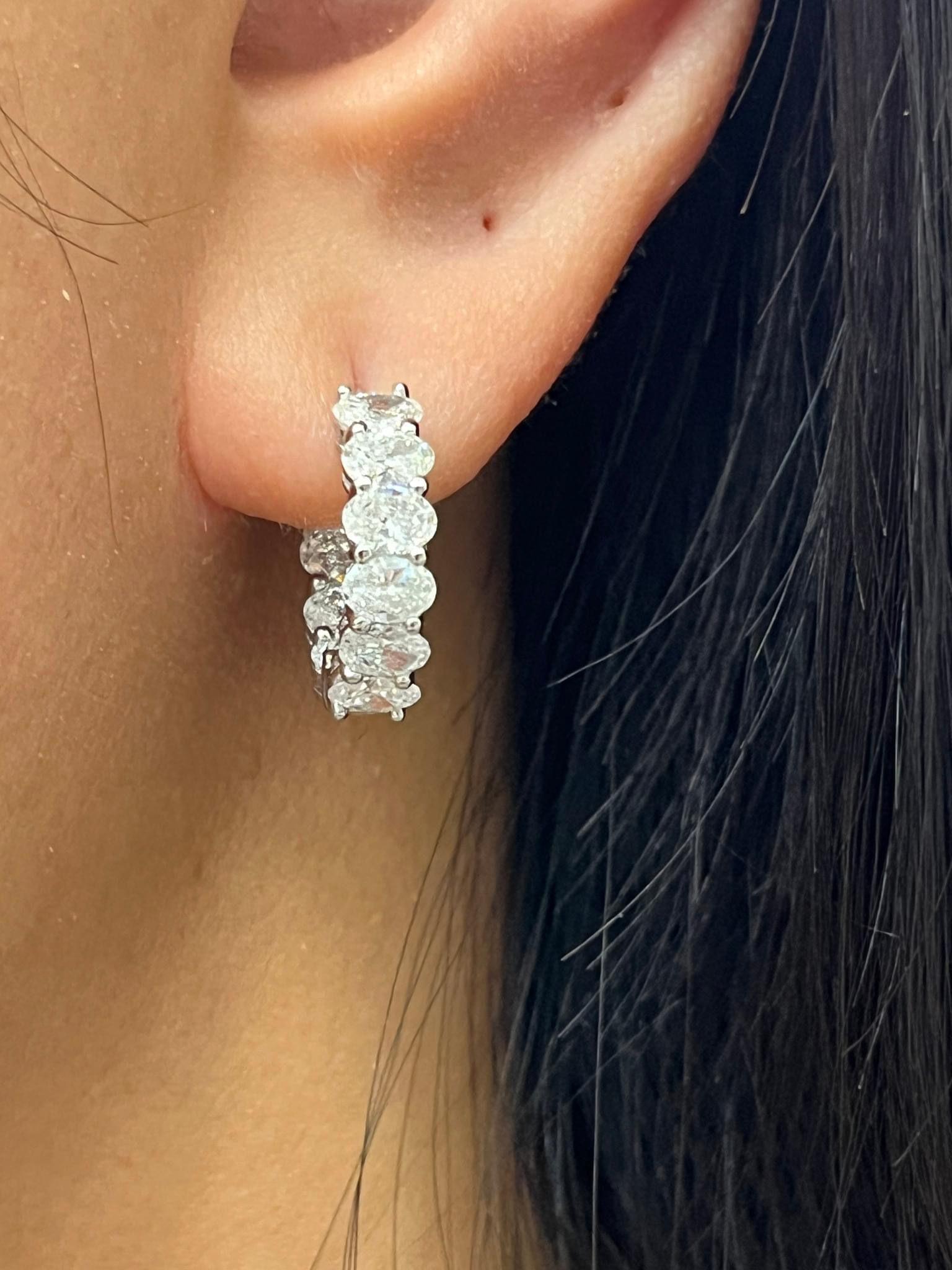 Oval Cut 4 Carats Natural Diamond Oval East West Huggies/ Hoops In 14k Gold. For Sale