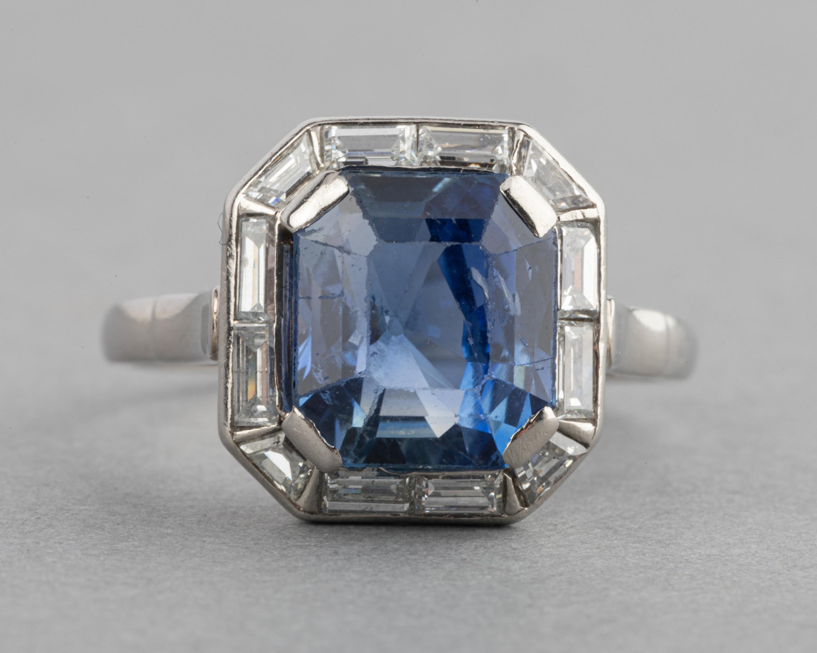 French Cut 4 Carat Sapphire and Diamonds French Art Deco Ring