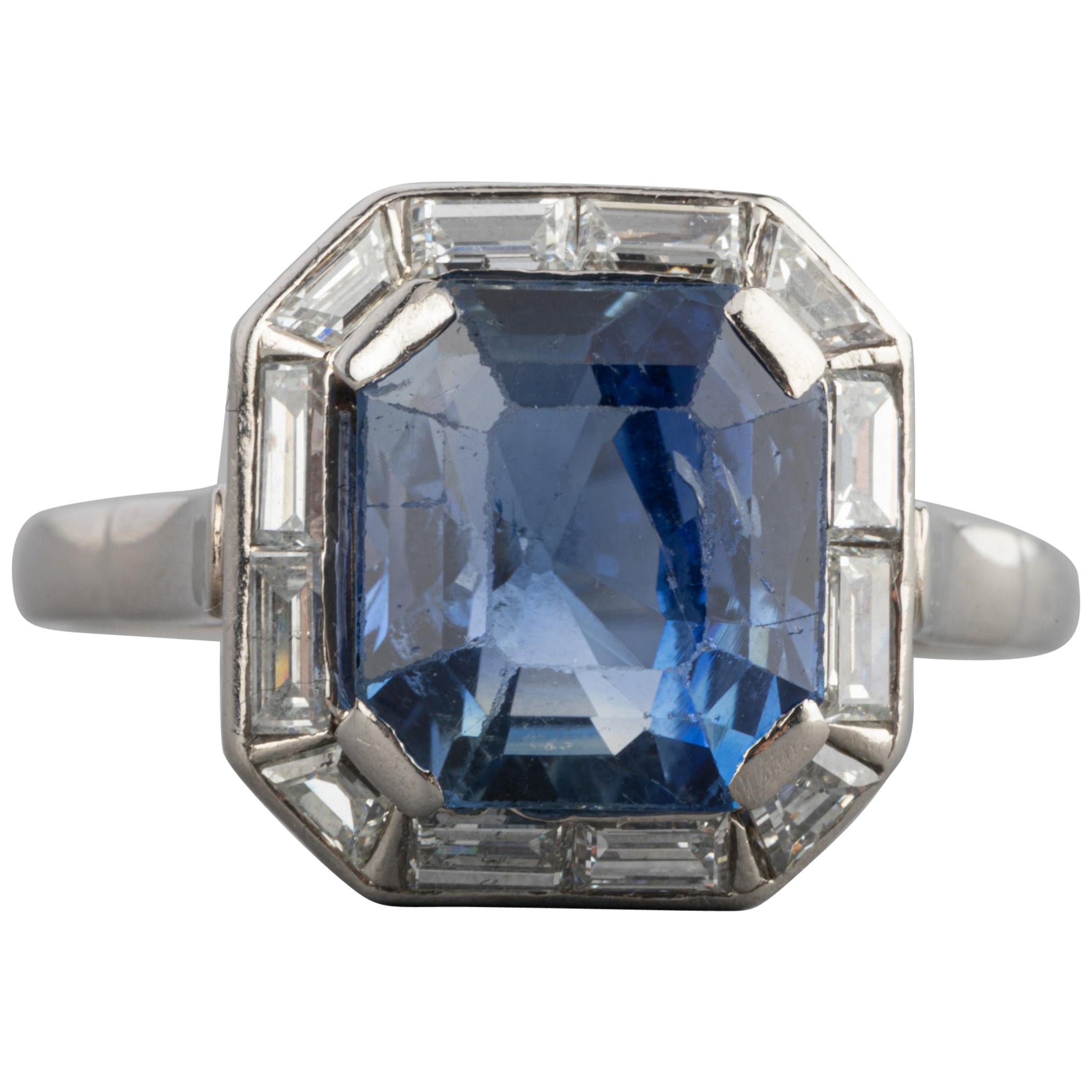 4 Carat Sapphire and Diamonds French Art Deco Ring