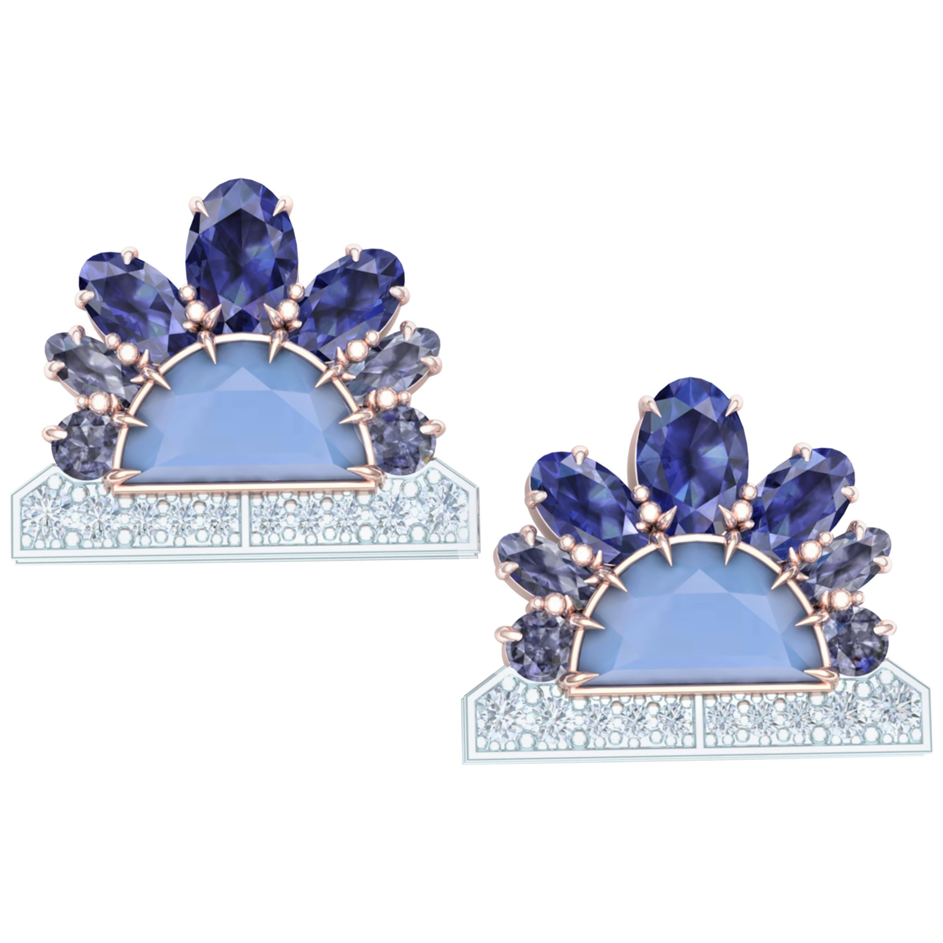 4 Carats Sapphire Diamond and Chalcedony Rose and White Gold Earrings For Sale