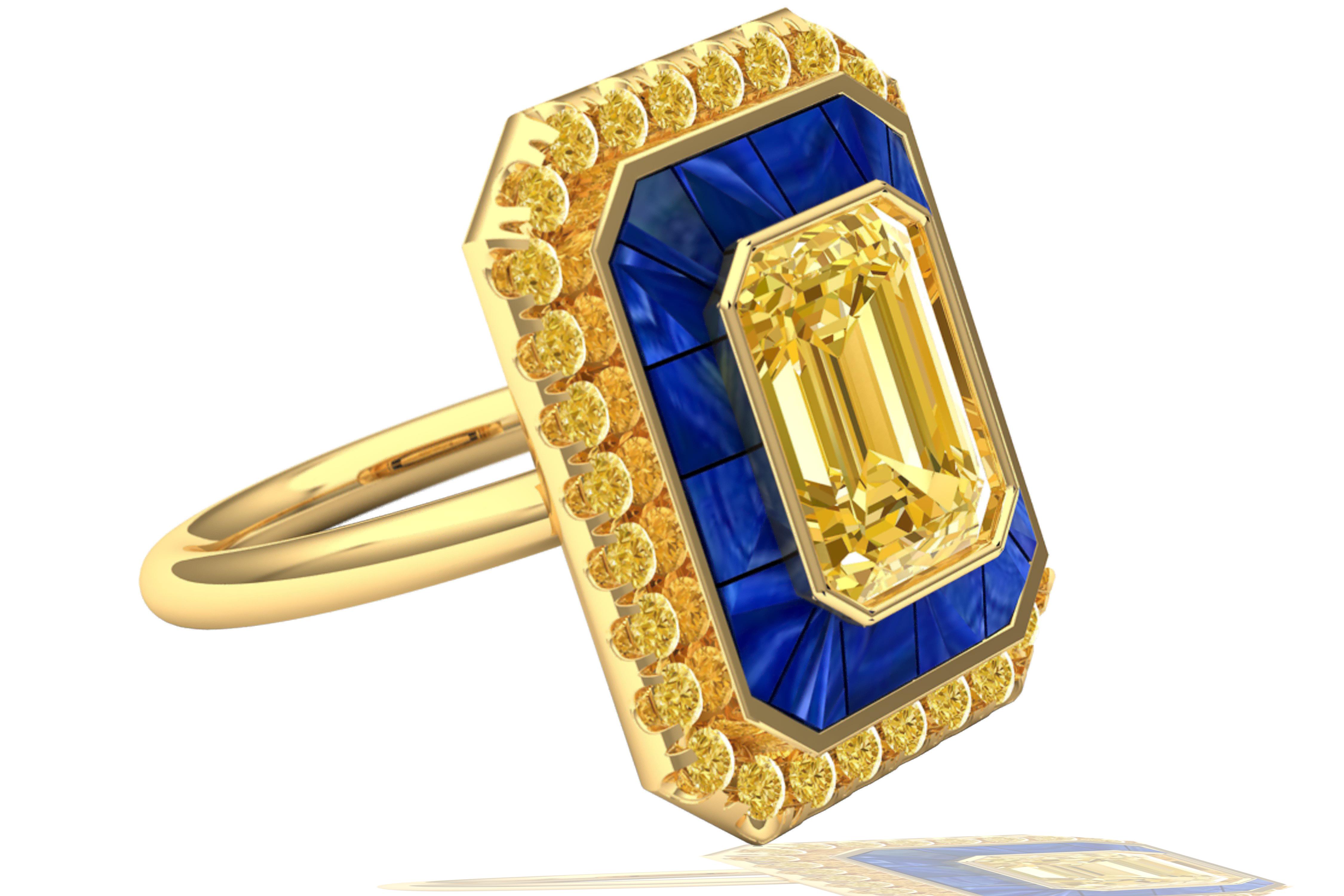 A perfect combination of rich golden yellow and royal blue is complimented by white stunning diamonds.  The center stone is just over 2.3 carats and has an almost diamond like appearance because of its clarity and the color saturation.  The center